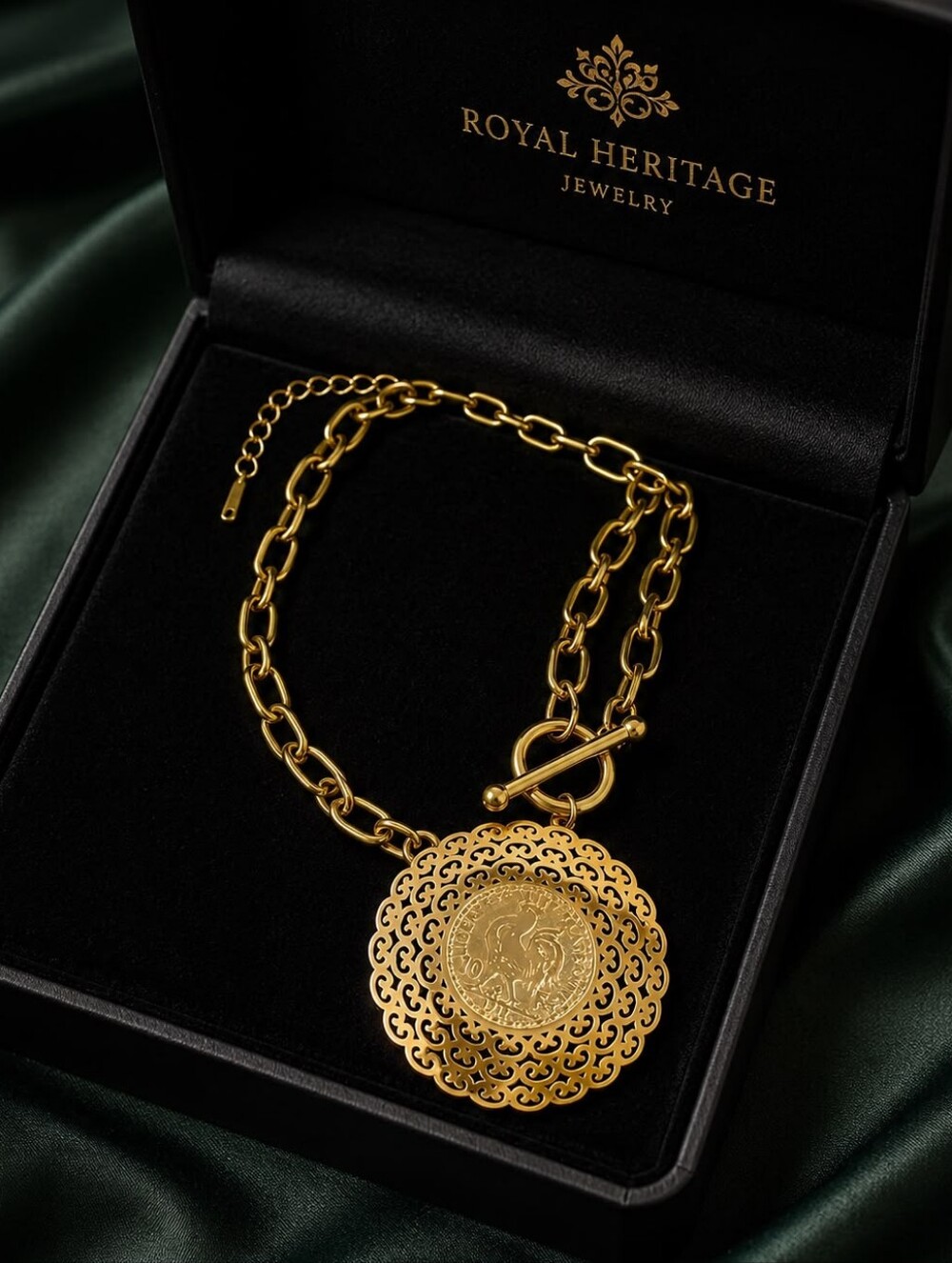 Gold Filigree Coin Pendant Chain Necklace - Picture 4 of 7